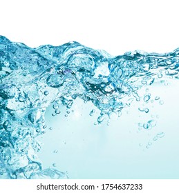 Blue splashing cosmetic moisturizer, micellar water,  toner, or emulsion abstract background. Transpatent texture with bubbles