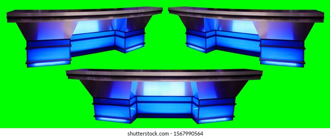 Blue Sports News Desk 3 Angles Isolated On Chroma Key Green Screen Background