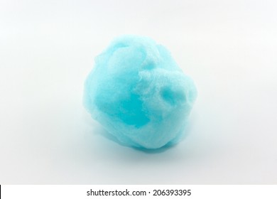 Blue Spun Sugar On White Background, Cotton Candy.