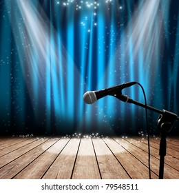 Blue Stage With Microphone And Spotlight