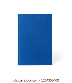 Blue Standing Hardcover Book Isolated, Front View. Cover Made Of Natural Linen Fabric With Uneven Rough Texture.