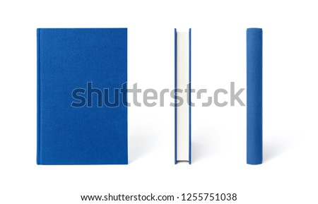 Blue standing hardcover book isolated, the view from three angles.  Cover made of natural linen fabric with uneven rough texture.