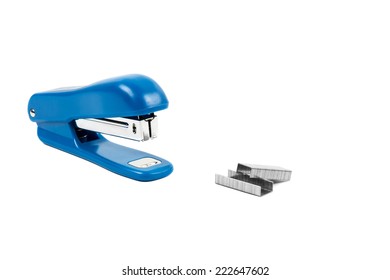 Blue stapler and  staples Isolated on white background