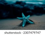 Blue starfish on the sand with the sea in the background. seashore, place for text, copy space. Travel, vacation. A blue seastar (Linkia laevigata). High quality photo