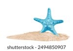 blue starfish stands in the sand. highlighted on a white background