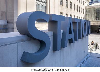 A Blue Station Sign At The Top Of The Stairs Outside Union Station In Toronto Canada.