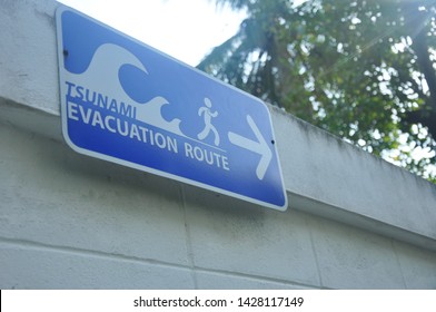 Blue steel sign for “tsunami evacuation route” on cement wall, safety plan for disaster safe step