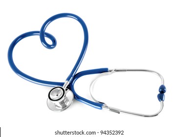 blue stethoscope in shape of heart, isolated on white