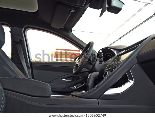 Blue Stitched Leather Interior Parts Inside Stock Photo