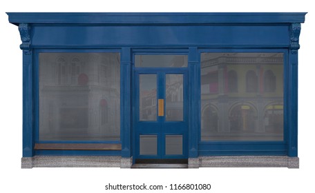 Blue storefront disguised with a decorated wooden front. Loading view isolated on white background
