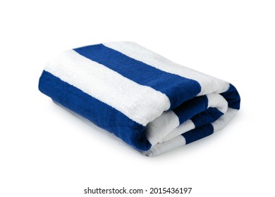 Blue Stripes Beach Towel Folded Isolated On White Background, Summer Vacation Concept In Hotel