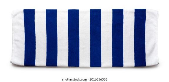 Blue Stripes Beach Towel  Mock Up Isolated On White Background, Flat Lay Top View Shot