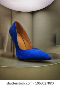 Blue Suede Stiletto On Retro Display In High End Store