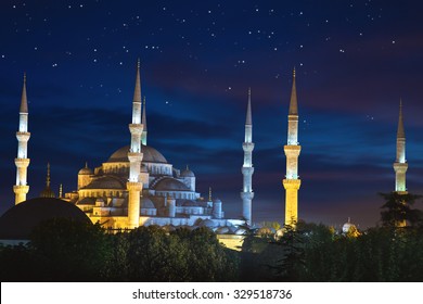 Blue Sultanahmet Mosque at night time with fantastic sky and stars, Istanbul, Turkey
