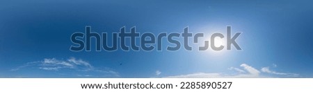 Blue summer sky panorama with light Cumulus clouds. Hdr seamless spherical 360 panorama. Sky dome or zenith for 3D visualization and sky replacement for aerial drone 360 panoramas.