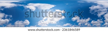 Blue summer sky panorama with puffy Cumulus clouds. Hdr seamless spherical equirectangular 360 panorama. Sky dome or zenith for 3D visualization and sky replacement for aerial drone 360 panoramas.
