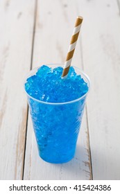 Blue Summer Slushie On White Wooden Table
