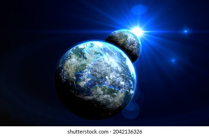 Blue sunrise on the earth rotate in space with star in universe. World realistic atmosphere 3D volumetric clouds texture surface.  Elements of this image are furnished by NASA - Powered by Shutterstock - Get 15% off with code: PIKWIZARD15