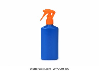 a blue sunscreen bottle with an orange spray nozzle, on a white background - Powered by Shutterstock