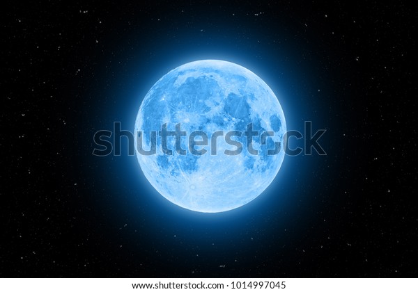 Blue super moon glowing with blue halo\
surrounded by stars on black sky\
background
