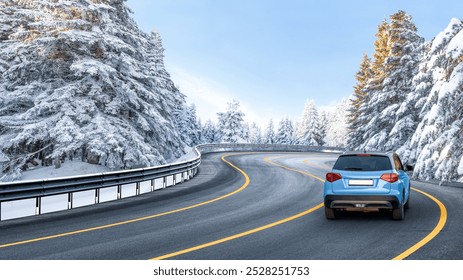 Blue suv car driving on nature road in snowy forest in winter. Snowy winter road landscape in nature trip. Winter travel in mountain road scenery. Winter landscape on the highway in snowy mountains. - Powered by Shutterstock