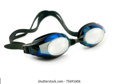 Blue Swimming Goggles Isolated Over White Close Up