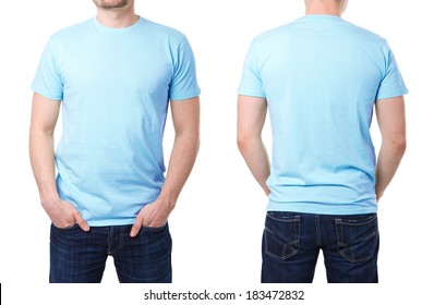 Blue T Shirt On A Young Man Template On White Background