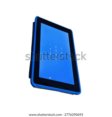 Blue tablet computer with passcode lock screen on white background