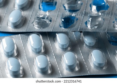 Blue Tablets In A Medicine Blister Pack. Medicines, Pills In Package Close-up.