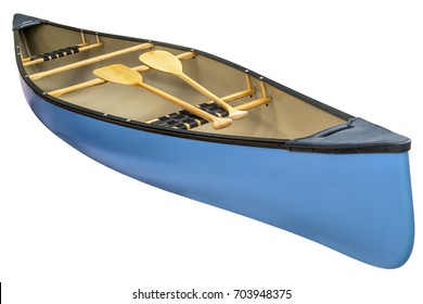 Blue Tandem Canoe With A Pair Of Wooden Paddles,  Isolated On White