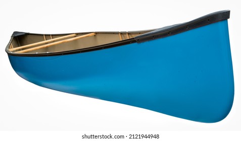 blue tandem canoe with wood seats isolated on white, water droplets on a hull