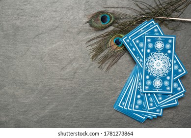 Blue Tarot Cards On The Stone Table Surface Background.
