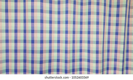 Blue Tartan Cubicle Curtain For Privacy Inpatient In The Public Hospital Room. Plaid Seamless Fabric For Background.