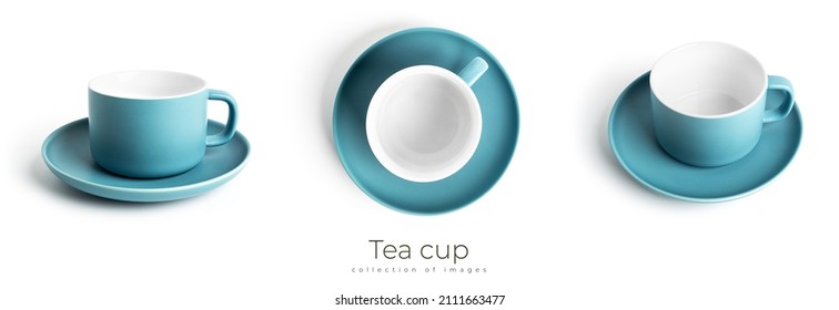 Blue tea cup and saucer for drink isolated on white background. Ceramic coffee cup or mug close up. High quality photo - Powered by Shutterstock