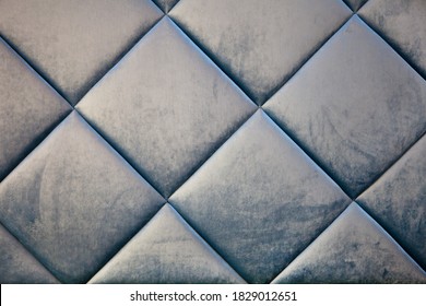 Blue Teal Velvet Textile Capotone Or Checkered Soft Tufted Backdrop. Textile Squares. Blue Velvet Like Texture Detail Background