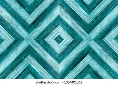 Blue Teal Wooden Boards With Chevron Pattern. Wood Background Texture.