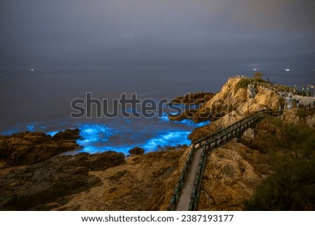 Blue tears Noctiluca scintillans. Photographed in Matsu, Taiwan. The Chinese characters on the stone are the place name 
