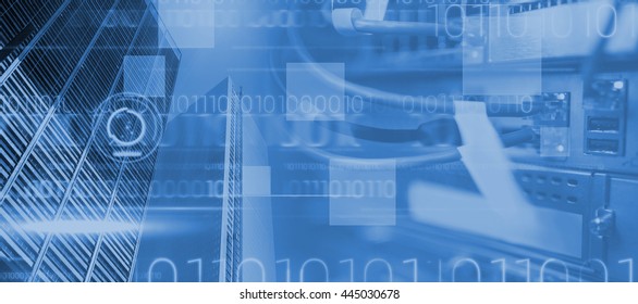 Blue technology design with binary code against view of data technology