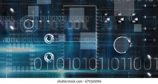 Blue technology design with binary code against close up of circuit board