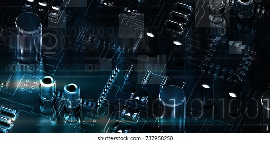 Blue technology design with binary code against close up of circuit board