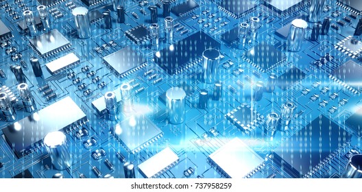 Blue technology interface with binary code against close up of circuit board