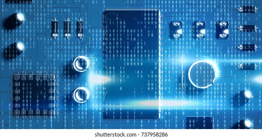 Blue technology interface with binary code against close up of blue circuit board