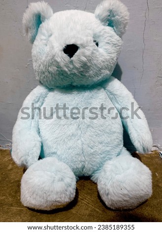 a blue teddy bear leaning against a white wall