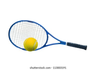 Blue Tennis Racket And Yellow Ball Isolated White Background