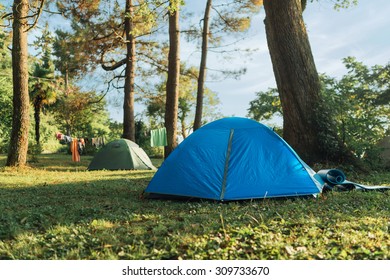 Blue Tent In The Woods On The Grass