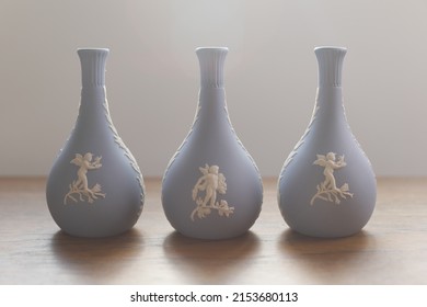 Blue Three Vases On A Table