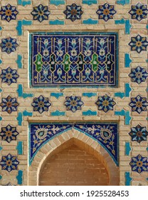 Blue Tile Floral And Geometric Decor On Wall Of Gur E Amir, The Mausoleum Of Amir Timur Or Tamerlane, Ancient Landmark In UNESCO Listed Samarkand, Uzbekistan