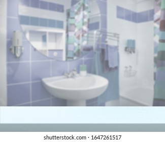 Blue Tiles Counter Top On Blurred Bathroom Background.Wide Mockup Counter For Montage Product Display Or Design Key Visual Layout For Cleaning,perfume, Cosmetic Or Makeup