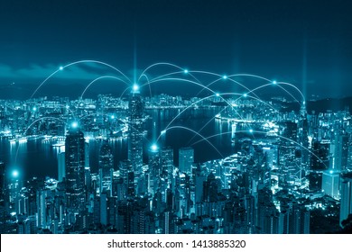 blue tone city scape and network connection concept.Business networking connection concept and Wi-Fi in city. Technology communication, The wireless communication , High Speed Internet  
