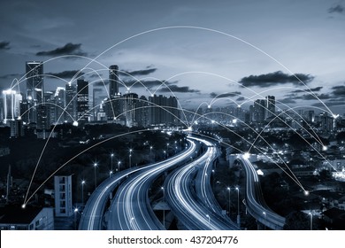 Blue Tone City Scape And Network Connection Concept
